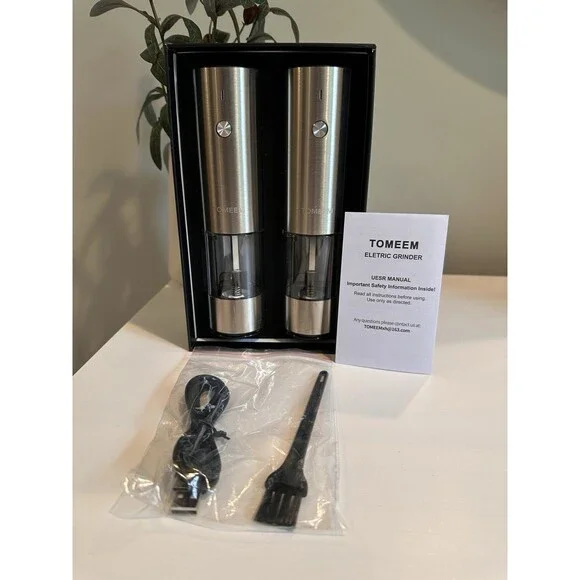 TOMEEM Electric Salt and Pepper Grinder Set USB Rechargeable Stainless Steel NIB