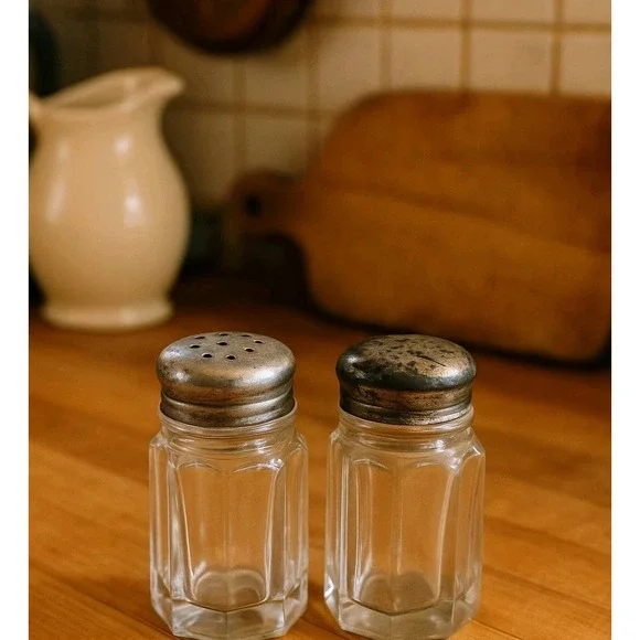 VTG Glass Salt & Pepper Shakers‎ w/ Metal Lids Farmhouse Kitchen Dining Decor