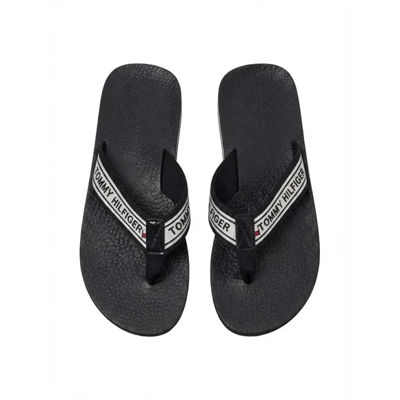Tommy Hilfiger Mens Black White Logo Strap Flip Flop Thong Sandals Beach 10.5