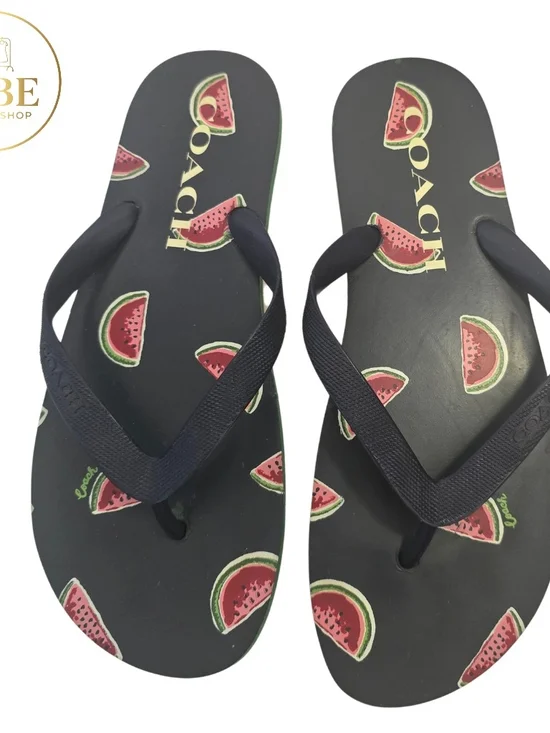 Coach Black Flip Flops with Pink & Green Watermelon Motif