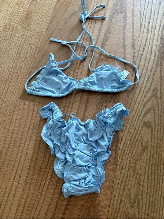 Frankie's Bikinis Light Blue Eyelet Ruffle Triangle Bikini