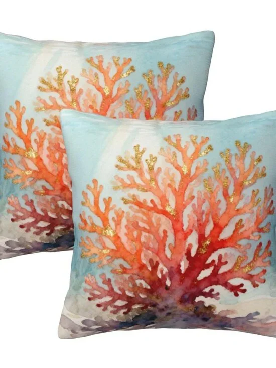 Coastal Beach Coral Throw Pillow Covers 18x18 in Set of 2, Decor Decorative Blue