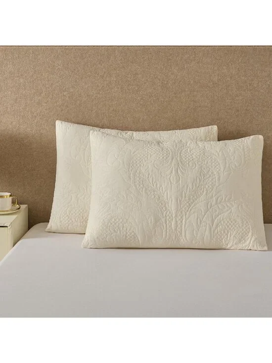 Ivory Damask Quilted Pillow Shams Set of 2 | Embroidered Floral Cotton Cases