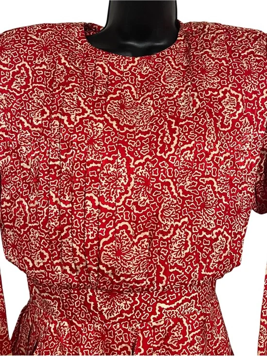 Vintage Raul Blanco Silk Dress Red Cream Print Size 8 Pleated Bodice Long Sleeve