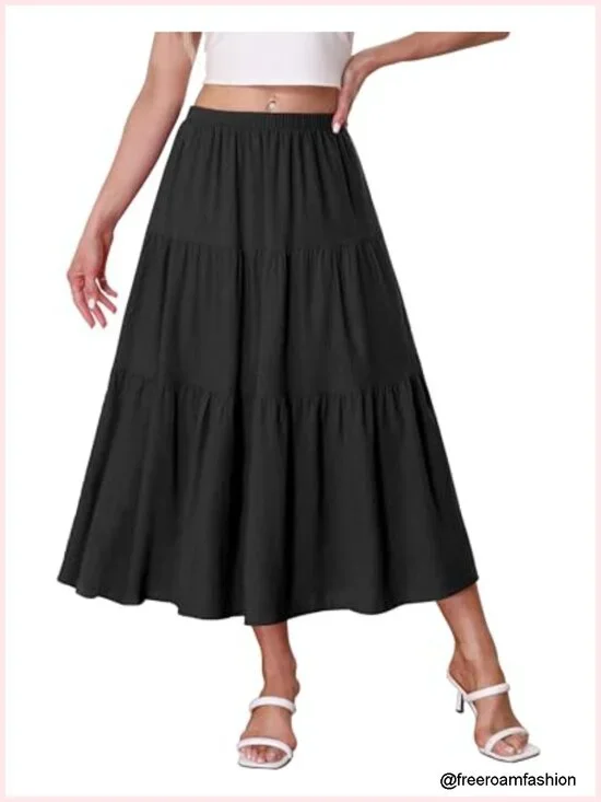 High Waist Tiered A-Line Midi Skirt Flowy Ruffle Elastic Boho