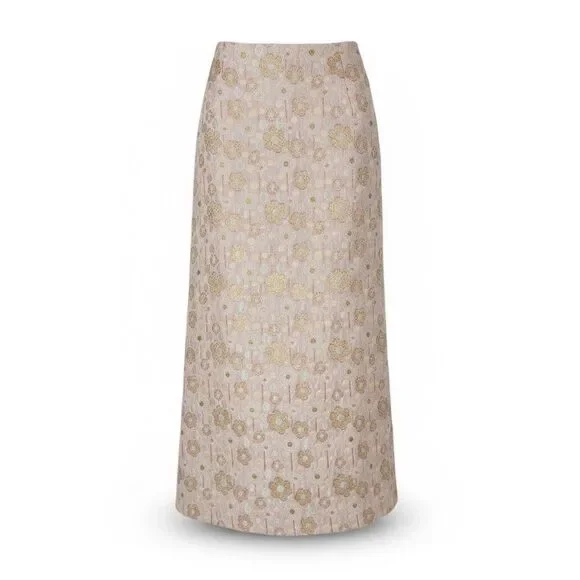 *Vintage 1970s Quilted Gold And Silver Flowers Embroidered Pink Maxi Skirt Small
