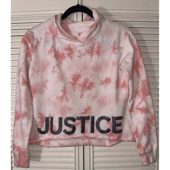 Justice Active Pink Tie Dye Glitter Justice Spell Out Hoodie Size 12/14 *FLAWS*‎