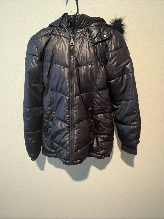 Justice Black Puffer Jacket with Faux Fur Trim