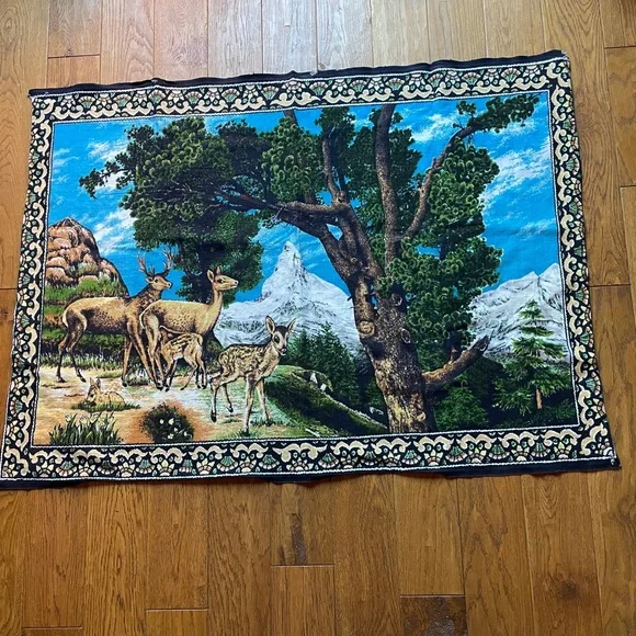 Vintage Velvet Cotton Deer Buck Doe Family Tapestry Wall Hanging 50