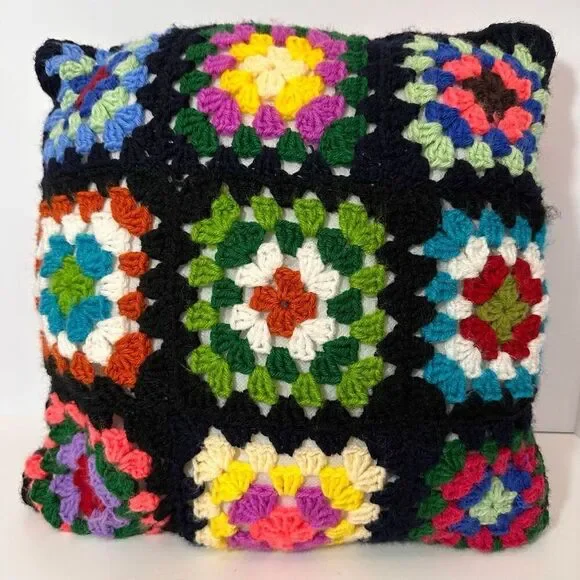 Pillow Crocheted Granny Square Colorful Decoration Black 14”x14”
