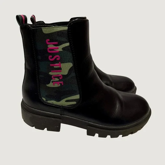 Justice Girls Black Camo Combat Boots Pink Logo Side Zip Lug Sole Size 4