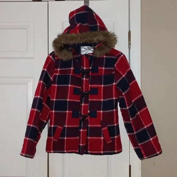 Justice red blue plaid hooded jacket  Sz 14