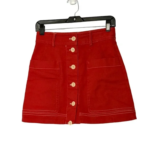 SEA New York Red Button Front‎ Corbin A-Line Denim Mini Skirt - 4