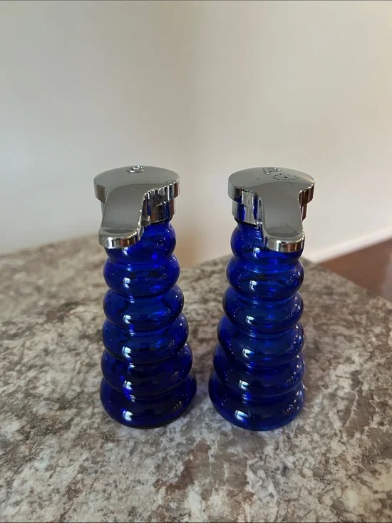 Cobalt Blue Glass Pepper and Salt Shakers with Silver Tops