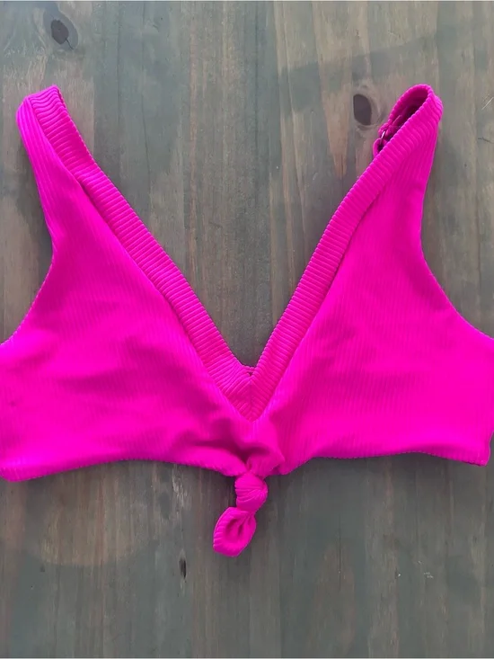 Frankies Bright Pink Ribbed Knot Front Bikini Top