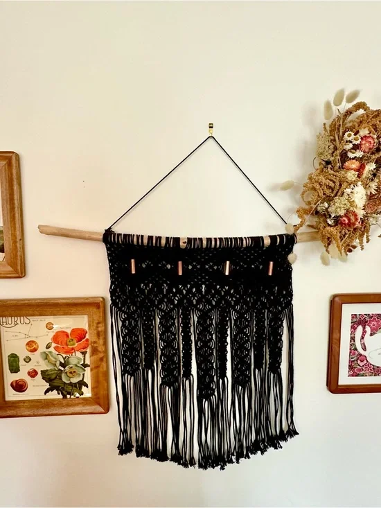 Handcrafted Black Macramé Wall Hanging with Copper Tubes