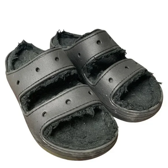 Crocs Mens 11 Womens 13 Black Fuzzy Inside Slide On Classic Cozzzy Sandal Shoes