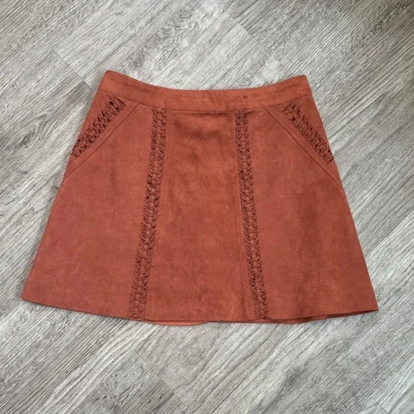 Gianni Bini Womens Rust Faux Suede Braided Detail Mini Skirt Brown Size S‎