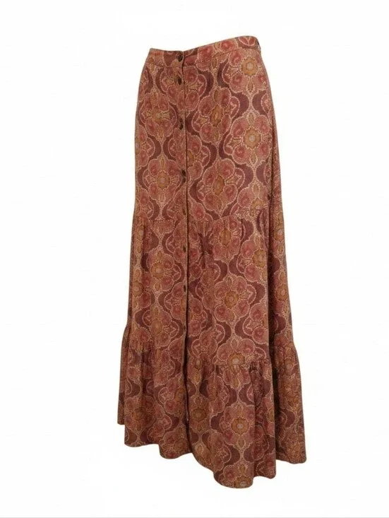 Daniel Rainn Nina  Midi Rust Button Down Skirt Bohemian Western Tiered Cowgirl
