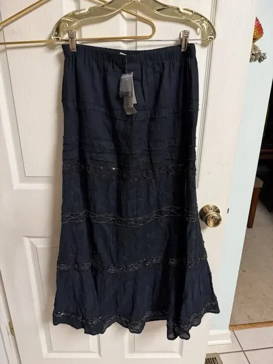 Chico’s black tuscan Crinkle maxi skirt Beaded Textured Hippie 1x 30x37 Boho New