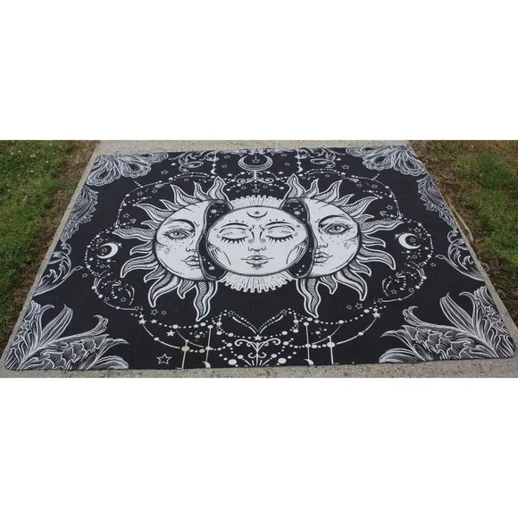 Sun Moon Stars Psychedelic Tapestry Hippie Wall Art Black White 72x92