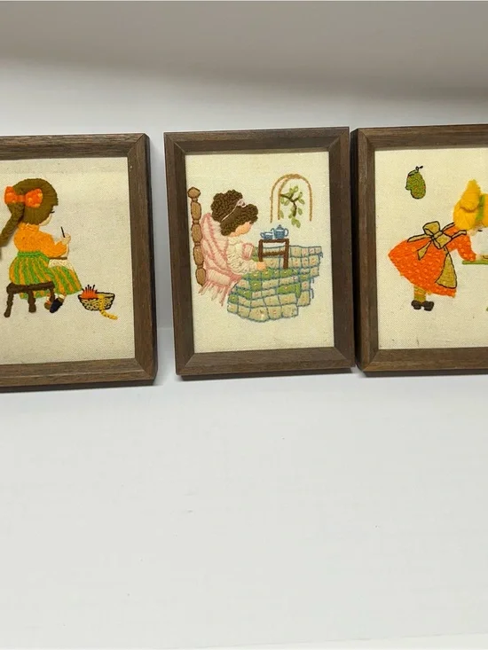 Vintage 1970s Floral Framed Needlepoint Crewel Set Of 3, Sunset Designs 6”x8”