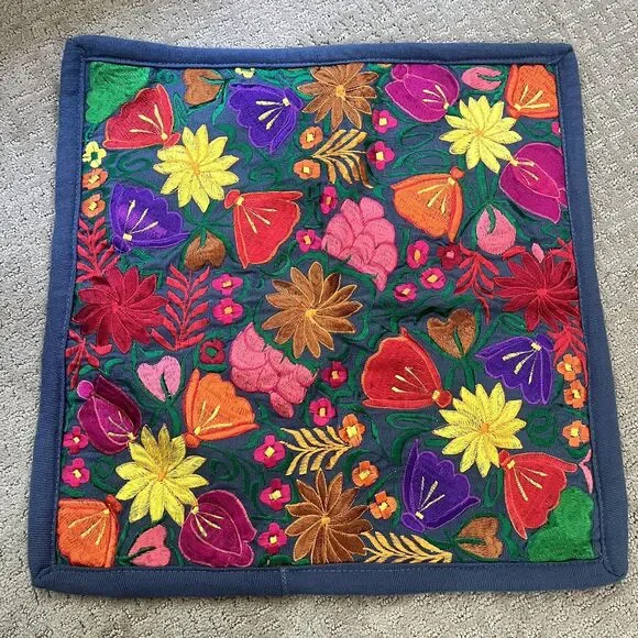 Otomi Mexican Hand Embroidered Decorative Pillow Cover Sham Case Colorful Floral