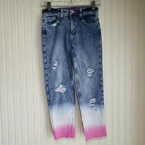 Justice Jeans Girls 12 Blue Pink Ombre Distressed Raw Hem Skinny Ankle Denim