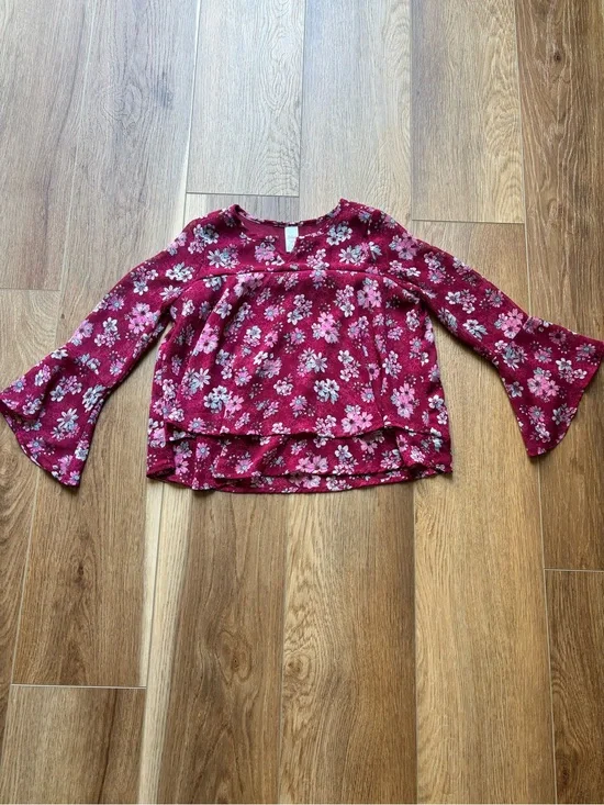 Justice Floral Bell-Sleeve Blouse - Burgundy with Pink Flowers