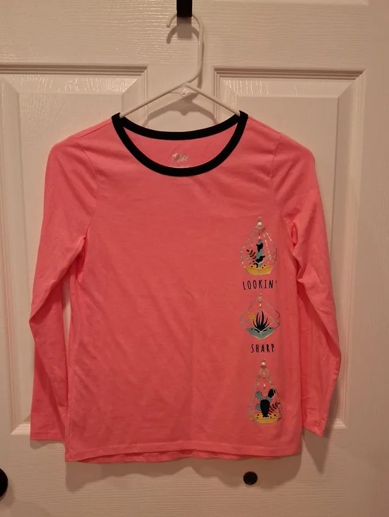 Justice Pink Long-Sleeve Graphic Tee with Black Trim. Size 12