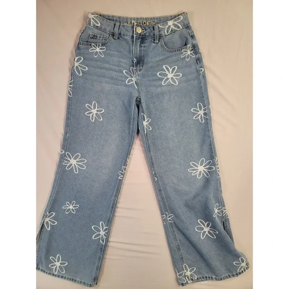 Justice Girls‎ Daisy Print Wide Leg Jeans Size 14 Light Wash Y2K Retro Floral