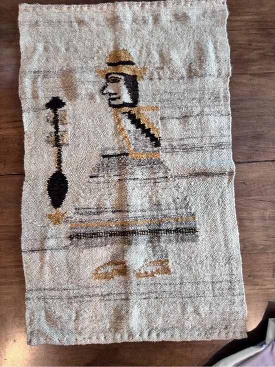 Vintage Handwoven Folk Figure Tapestry /Rug - Cream, Black & Gold Motif