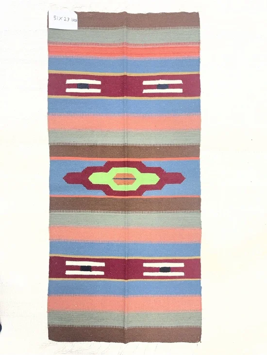 Handwoven Southwestern-Style Tapestry Runner in Blue, Coral & Green