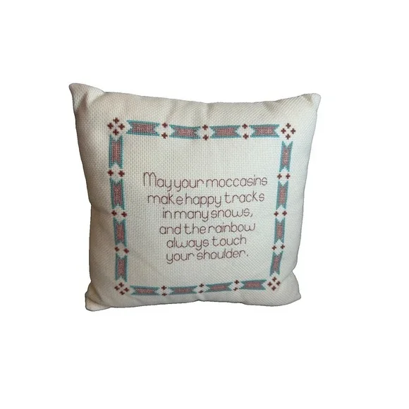 Vintage Cross Stitch Pillow Native American Blessing Moccasins Sampler Cushion