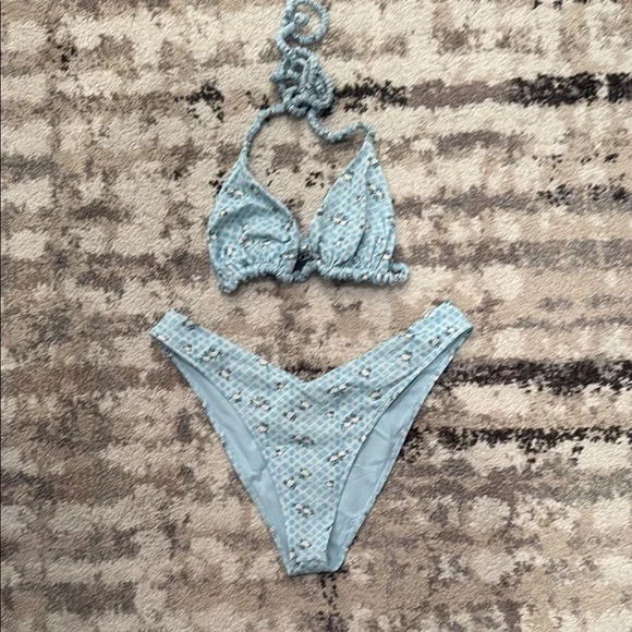 Frankie's Bikinis Light Blue Floral Crochet Triangle Bikini