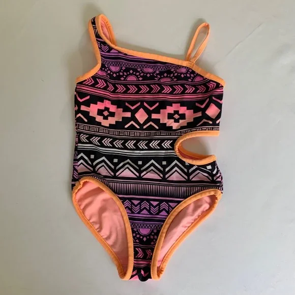 Justice One Piece Swimsuit Girls‎ 7/8 Reversible Pink Purple Tribal Cutout Boho