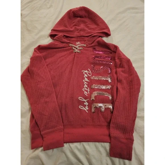 Justice Girls Medium 10 Pink Sequin‎ Hoodie Waffle Knit Radiate Joy Sweatshirt