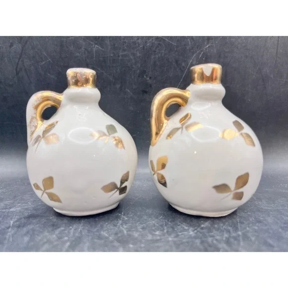 Vintage Ball‎ Jug Salt & Pepper Shakers- White w / Gold Handles and Tops Decor