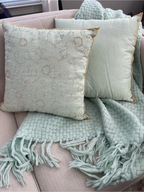 Anthropologie Soft Robin’s Egg Aqua-Minty Blue Decorative Pillow and Throw Set
