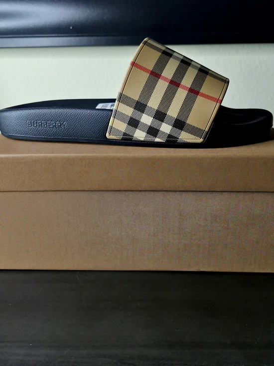 Burberry Men's Black Slide Sandals with Vintage Check Strap( No Authentic)