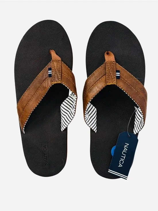 Nautica Clarkson 2 Flip Flop Faux Leather Upper Thong Brown Slip On Mens Sz 10