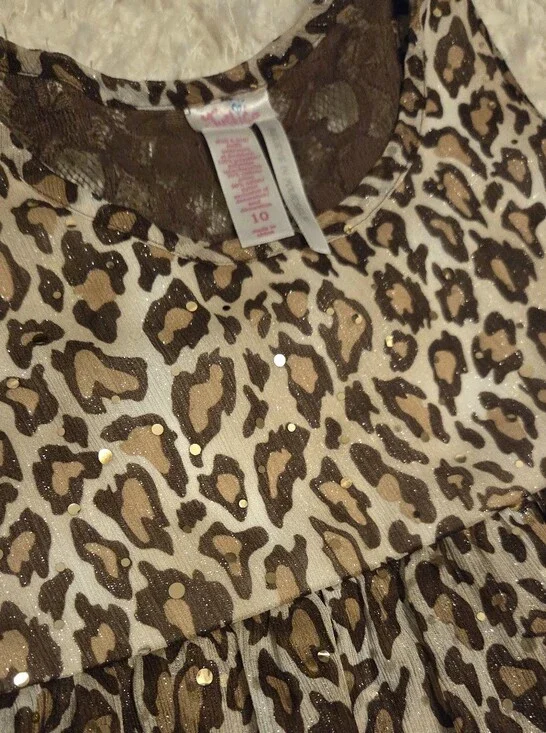 💜 2/$10 Girls Leopard Print Tiered Tank Top with Gold Sequin Accents