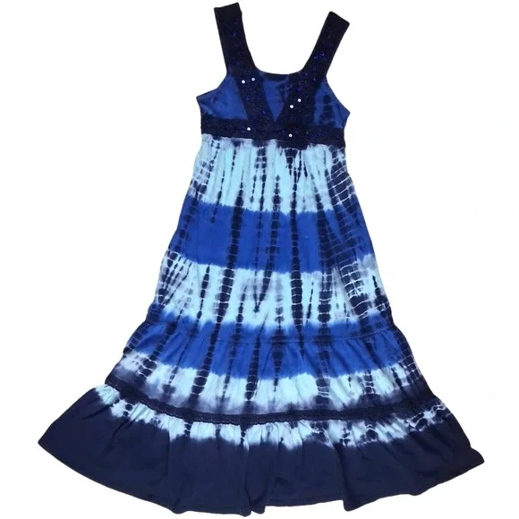 Justice Girls Sz 7 Blue Tie Dye Sleeveless Maxi Dress Navy Summer Cotton Long