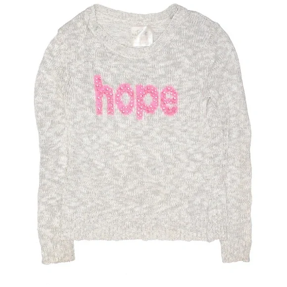 Justice Pullover Crew Neck Grey Sweater w “hope” on the front sz Youth 12 EUC
