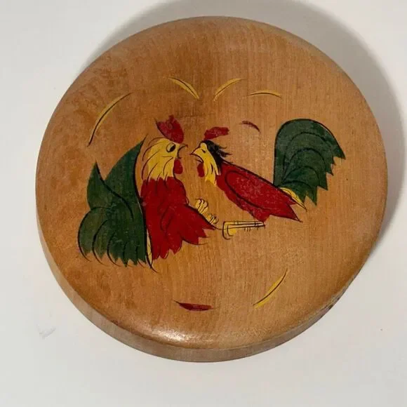 Vintage Wooden Hamburger Patty Press With Roosters on The Front 1960s