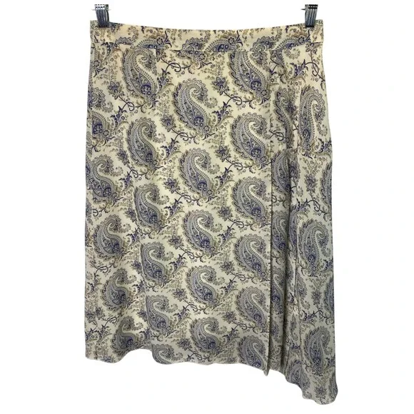 Jonathan Martin Studio Paisley Midi Skirt Womens Large Blue Cream Coastal Office