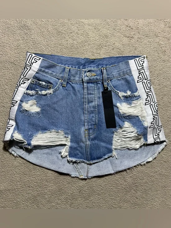 LF The Brand Skirt Womens 28 Adriana Blue Denim Distressed Button Fly Mini NEW