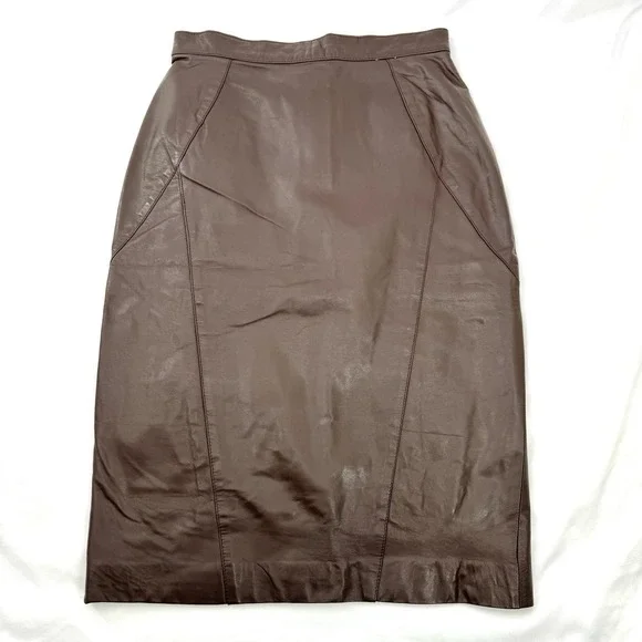Vtg 90s Minimalist Brown Leather Pencil Skirt XS Office Career Corporate Chic