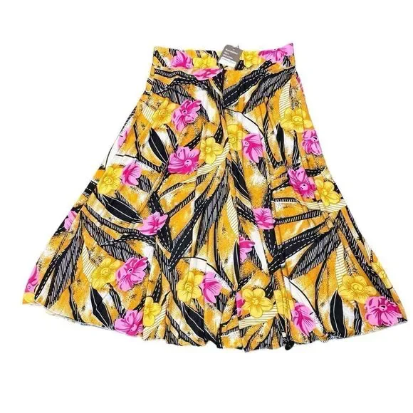 Emily Stacy Sz L Floral Elastic Waist Skirt Polyester Pull On Colorful A-Line