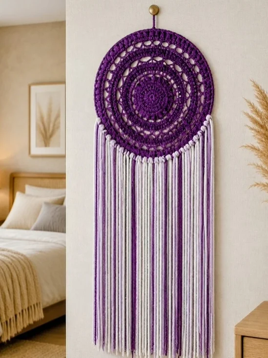 Handmade Purple and Ivory Macrame Wall Hanging – Boho Home Décor